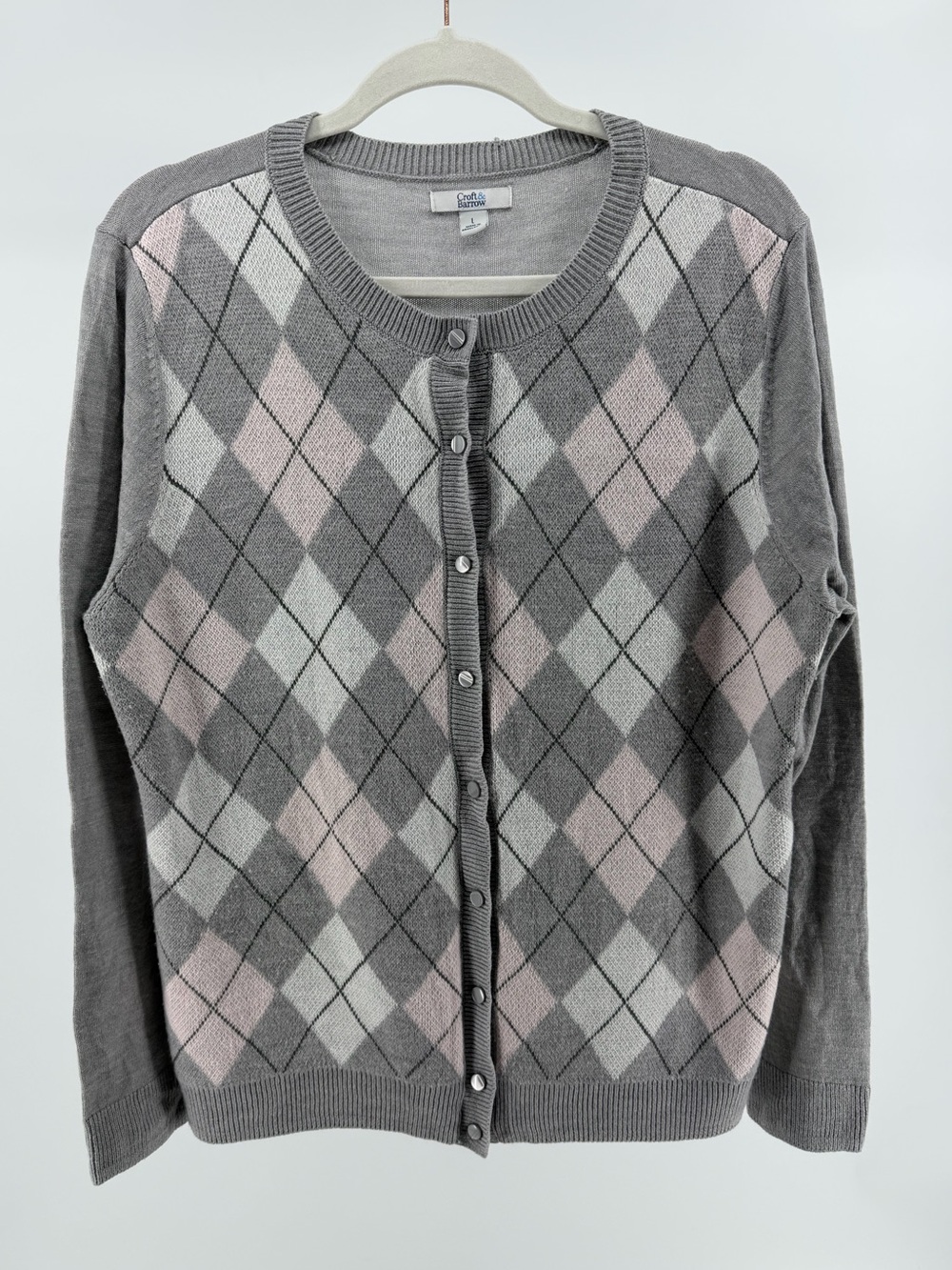 Croft & Barrow Grey Pink Argyle Button Front Cardigan Sweater, Women's Large